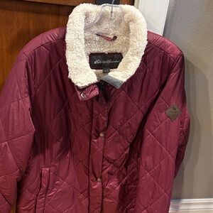 Eddie Bauer Women's Maroon Quilted Puffer with Sherpa Collar
